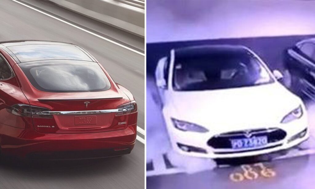 En Tesla Model S parkerad på en parkeringsplats och en Tesla Model X parkerad på en parkeringsplats. (AI text)