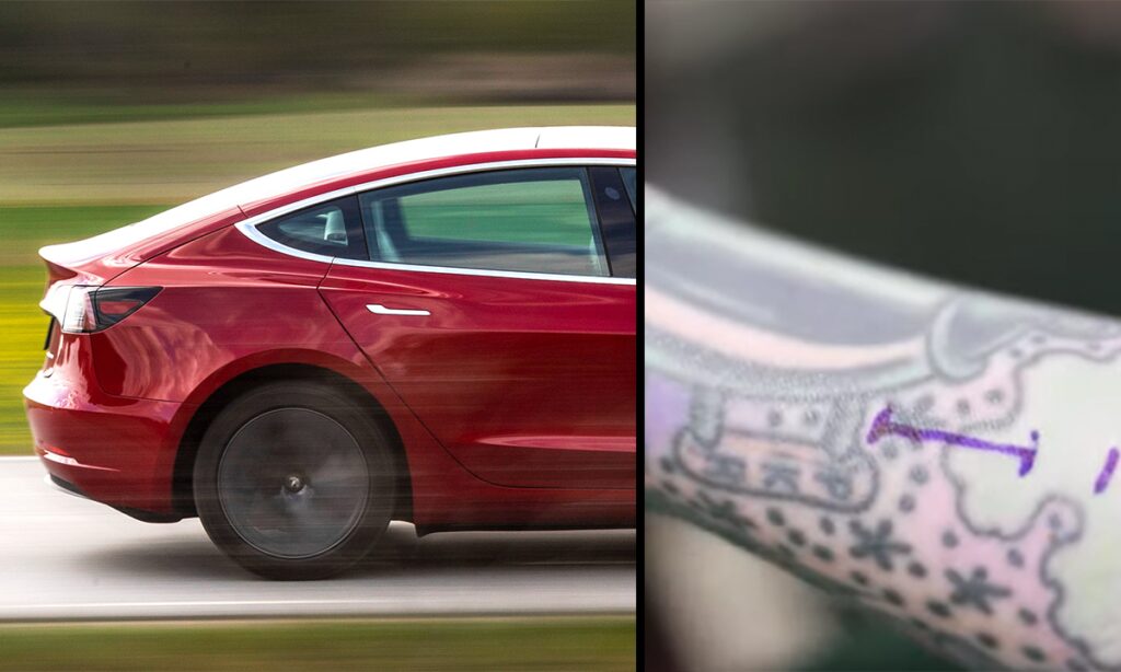 En Tesla Model S kör ner på vägen med en tatuering på armen. (AI text)