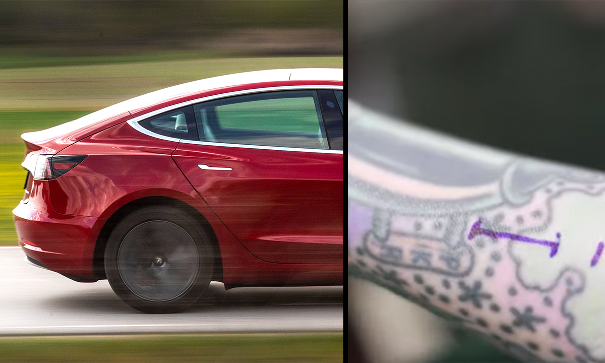 En Tesla Model S kör ner på vägen med en tatuering på armen. (AI text)