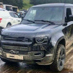 En Land Rover Defender parkerad i en fuktig och smetig yta. (AI text)