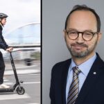 En man cyklar på en elcykel, medan en annan man står bredvid i kostym. (AI text)