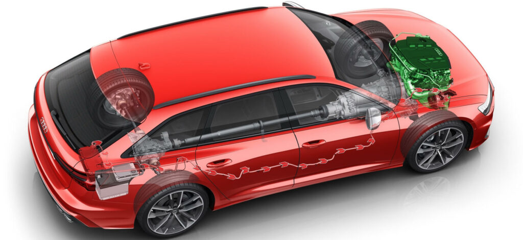 En röd bil med en grönt motor. (AI text)