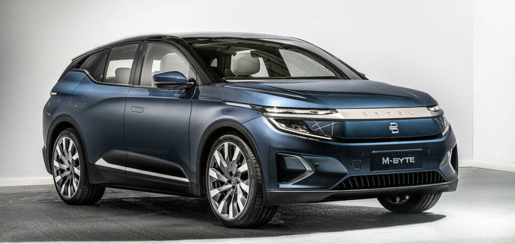 En blå SUV i en vit rum. (AI text)