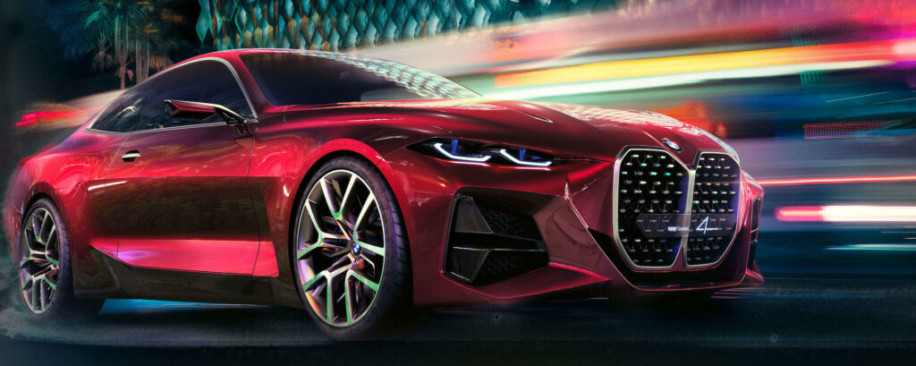 BMW M8 Cabriolet på väg under nattetid (AI text)