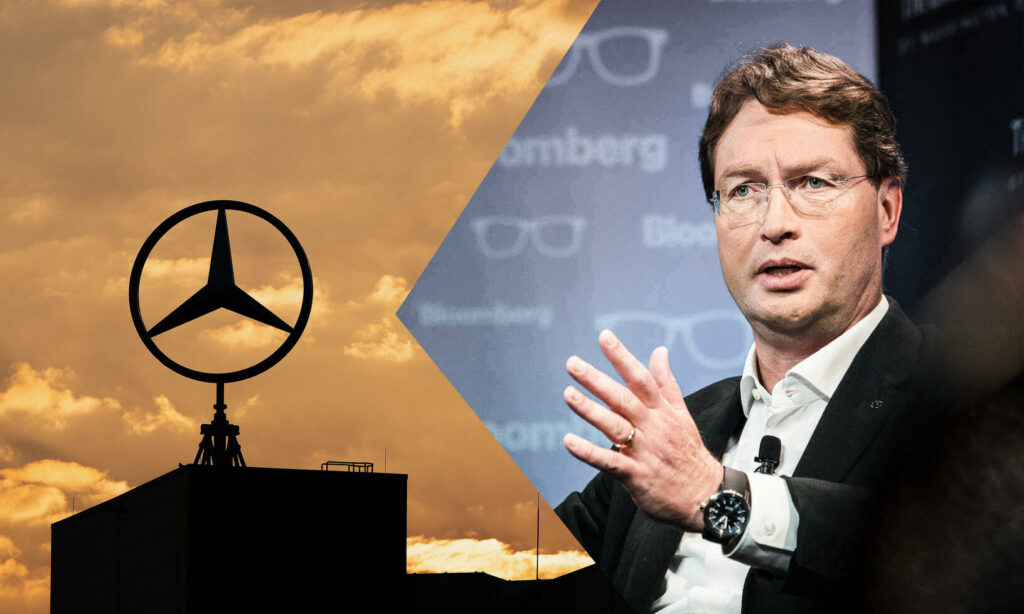 Mercedes-Benz-logga och person framför en byggnad. (AI text)