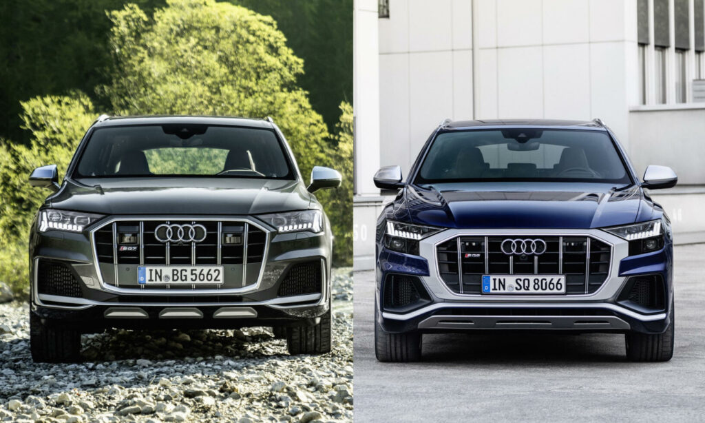 Audi Q7 parkerad framför berg. (AI text)