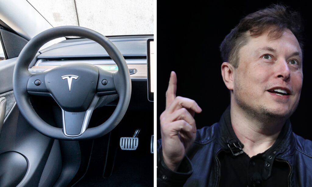 Bildkollage. Vänster: Tesla Model Y. Höger: Elon Musk talar om SpaceX under Satellite Conference i Washington D.C. den 9 mars 2020.