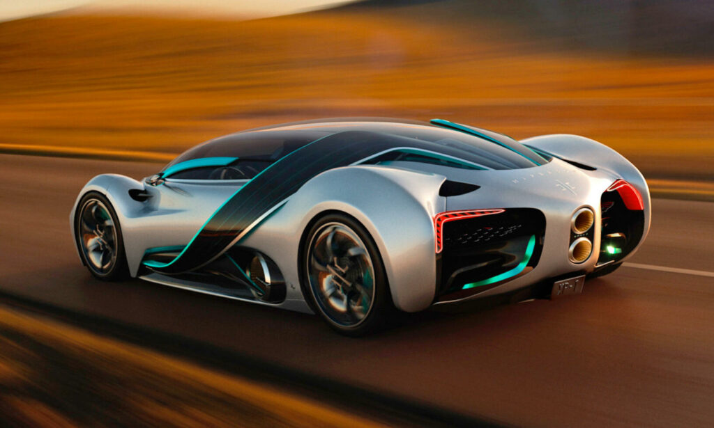 Futuristiska bilen kör längs vägen. (AI text)