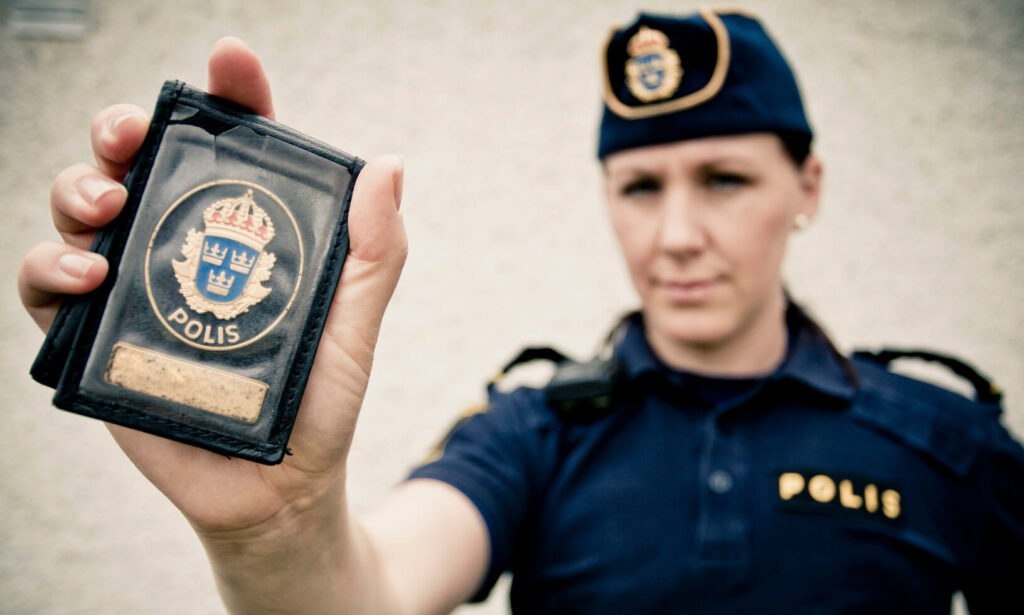 En polisväktare håller upp ett pass. (AI text)