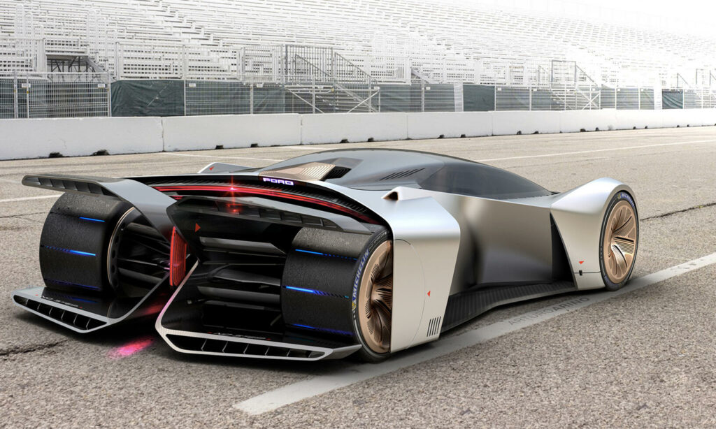 En futuristisk bil visas på en racerbana. (AI text)