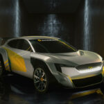 En framtida bil i en mörk rum. (AI text)