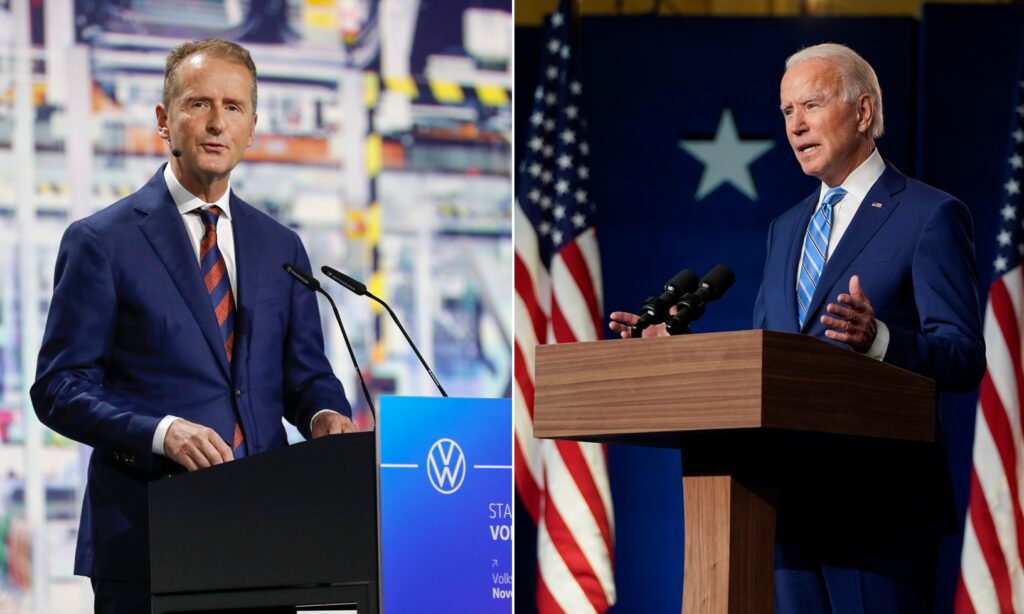 Volkswagens vd Herbert Diess och Demokraternas presidentkandidat Joe Biden.