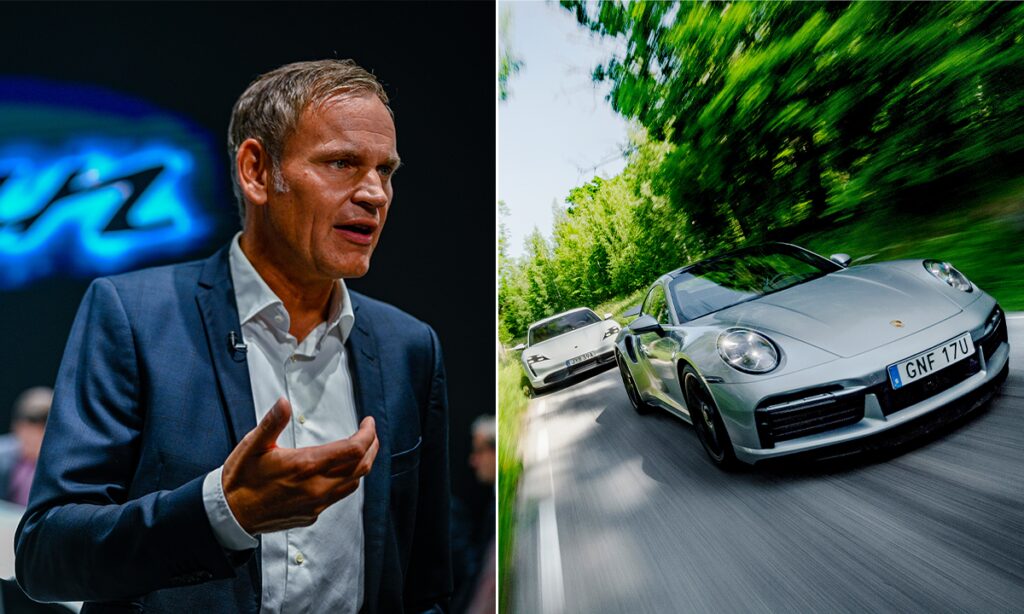 En man står bredvid en Porsche 911 S. (AI text)