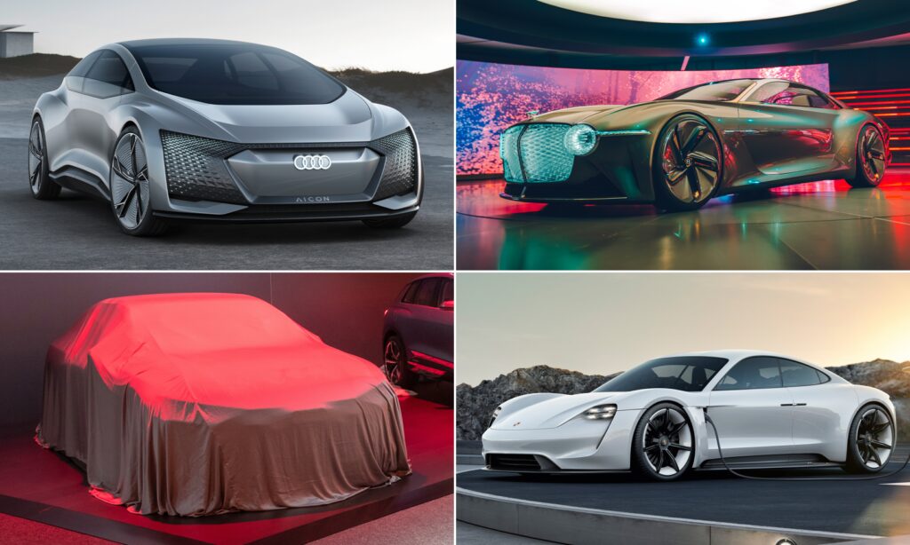 Medurs från översta vänstra hörnet: Audis självkörande konceptbil Aicon, Bentleys elbilskoncept EXP 100 GT, Porsche Mission E (senare producerad som Taycan) och Audis elbilskoncept Sportback Electric gömd under ett skynke.