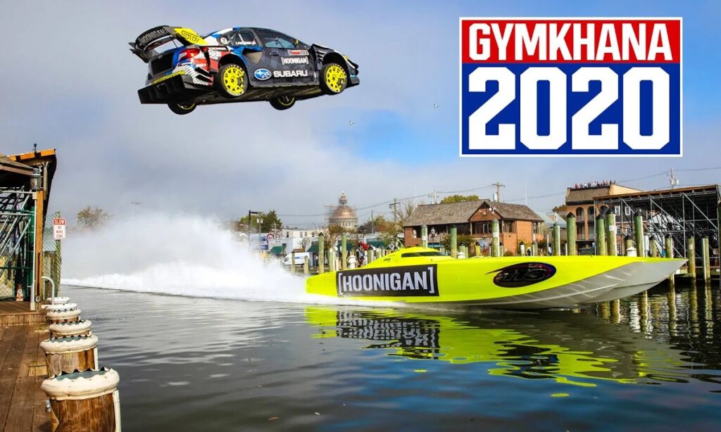 En racerbil flyger över en kaj. (AI text)