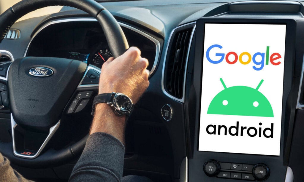 En man kör en bil med Google Android på instrumentbrädan. (AI text)
