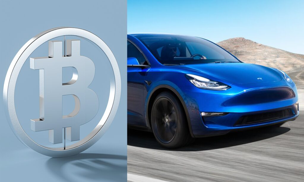 En Tesla Model Y kör på vägen med ett bitcoinskylldesign. (AI text)