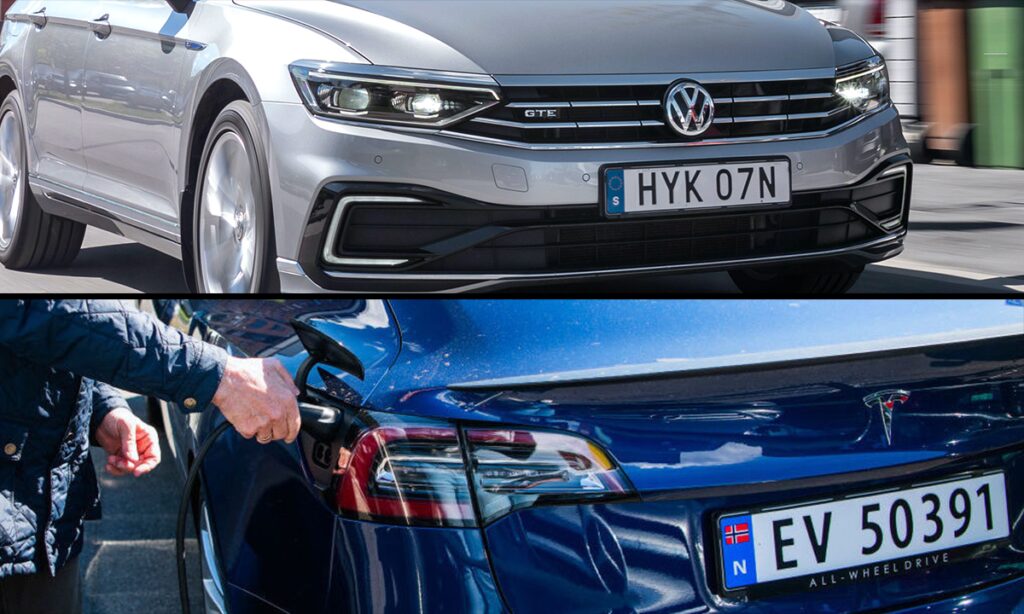 En Volkswagen Passat GTE jämfört med en Volkswagen e-Tron. (AI text)