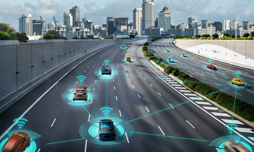En stadsskymning med bilar på en motorväg. (AI text)