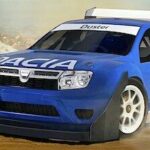 en blå bil kör på en grusväg (AI text)