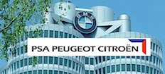 En BMW tillsammans med PSA Peugeot Citroën-logotypen. (AI text)