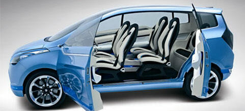 En blå bil med öppna dörrar (AI text)