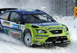 En grönt Ford Fiesta rallybil kör genom snö. (AI text)