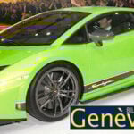 En grön Lamborghini GT4 på utställningen på Genèves bilsalong 2010. (AI text)