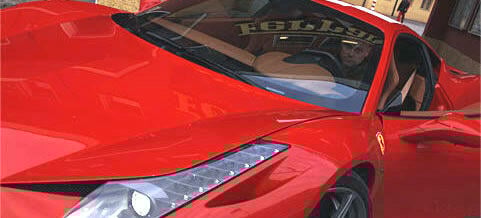 En röd Ferrari F12tdf parkerad framför ett byggnad. (AI text)