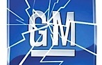 GM-logotyp på krossad glas. (AI text)