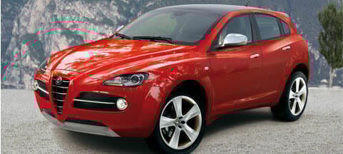 En röd Alfa Romeo SUV parkerad framför ett berg. (AI text)