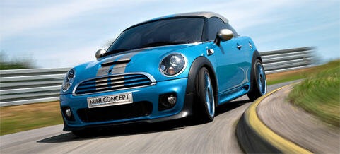 En blå Mini Cooper S kör nedför en väg. (AI text)
