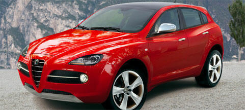 En röd Alfa Romeo SUV parkerad framför en bergstopp. (AI text)