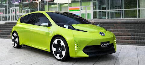 En grön Toyota Prius parkerad framför en byggnad. (AI text)