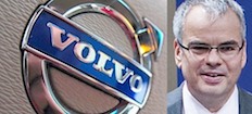 Volvo-logotyp och en man i kostym (AI text)