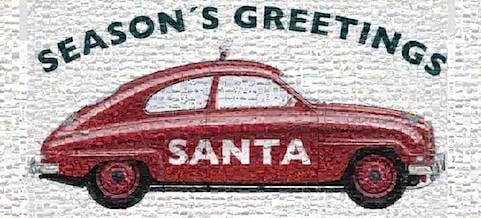 En röd bil med texten "Säsongens hälsningar Santa" på den. (AI text)