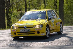 En gul rallybil kör ner en väg. (AI text)