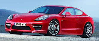 En röd Porsche Cayman S kör nerför en bergsväg. (AI text)