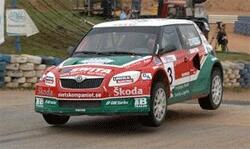 En rallybil kör nerför banan. (AI text)