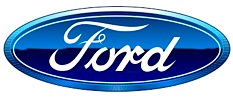 En Ford-logga på ett vitt bakgrundsfönster. (AI text)