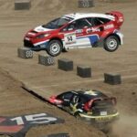 En rallybil hoppar över en jordhög. (AI text)