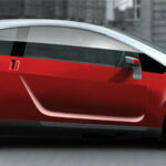 En röd och vit bil parkerad i en parkeringsplats. (AI text)