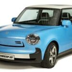 En blå bil med ett vitt tak. (AI text)