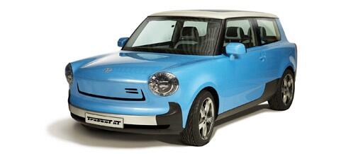 En blå bil med ett vitt tak. (AI text)