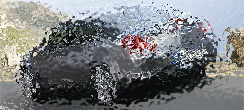 En bil kör nerför en väg med en regnskura på den. (AI text)