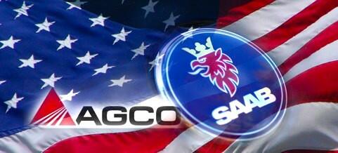 En Saab-logotyp och en amerikansk flagga. (AI text)