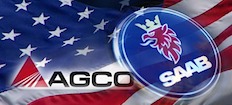 En Saab-logga och en amerikansk flagga. (AI text)