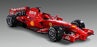 En Ferrari F1-bil på en grå bakgrund. (AI text)