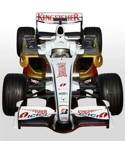 En F1-bil av märket Kingfisher på vit bakgrund. (AI text)