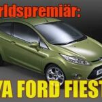 En grön Ford Fiesta med texten Värdspremiär Nya Ford Fiesta (AI text)